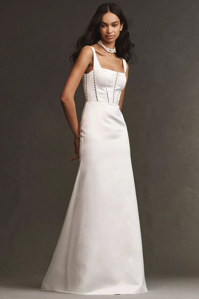 Modern fitted satin wedding dress style inspiration from Adina's Bridal