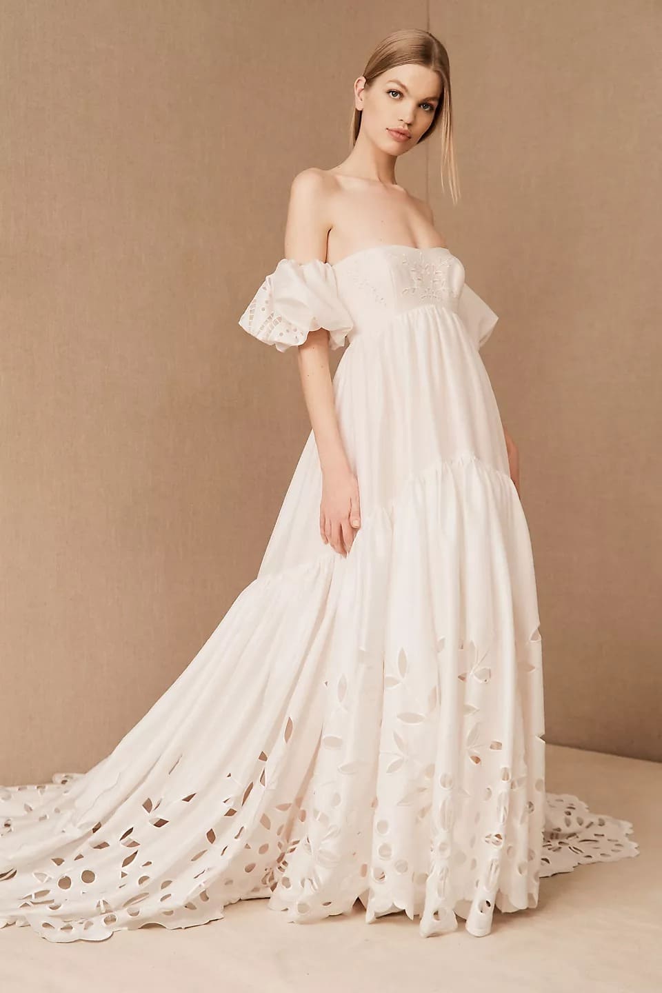 bhldn off the shoulder wedding dress Nox Anabel -JE1007 Fitted Off-Shoulder Slit Gown 14 / White