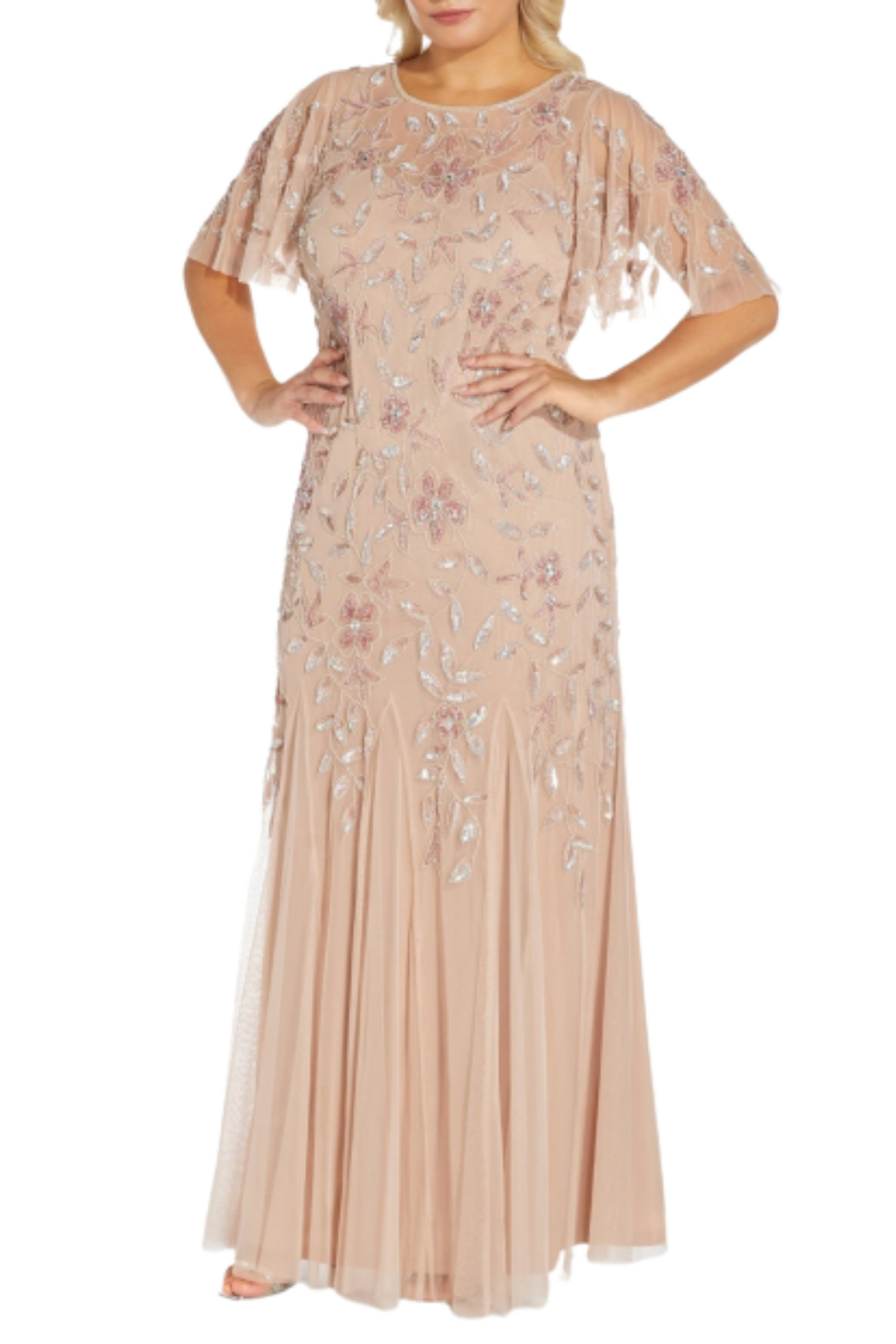Adrianna Papell Floral Beaded Gown - Blush
