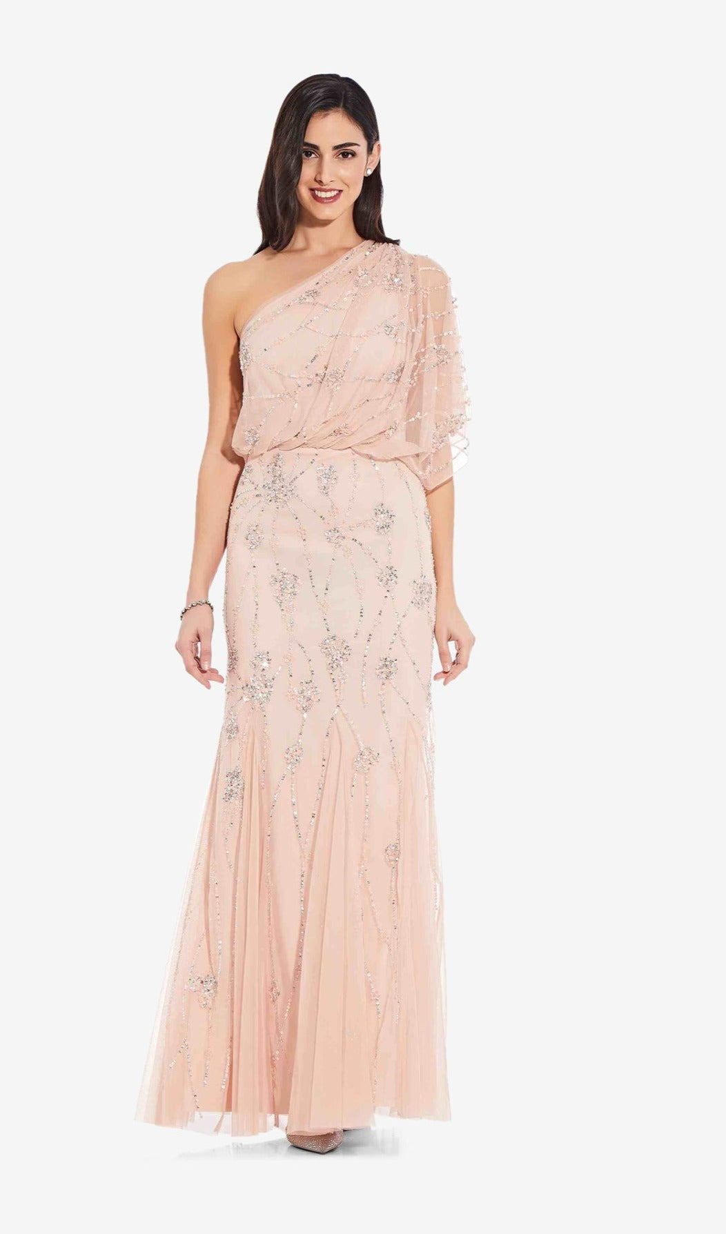 Adrianna Papell One Shoulder Beaded Gown Blush