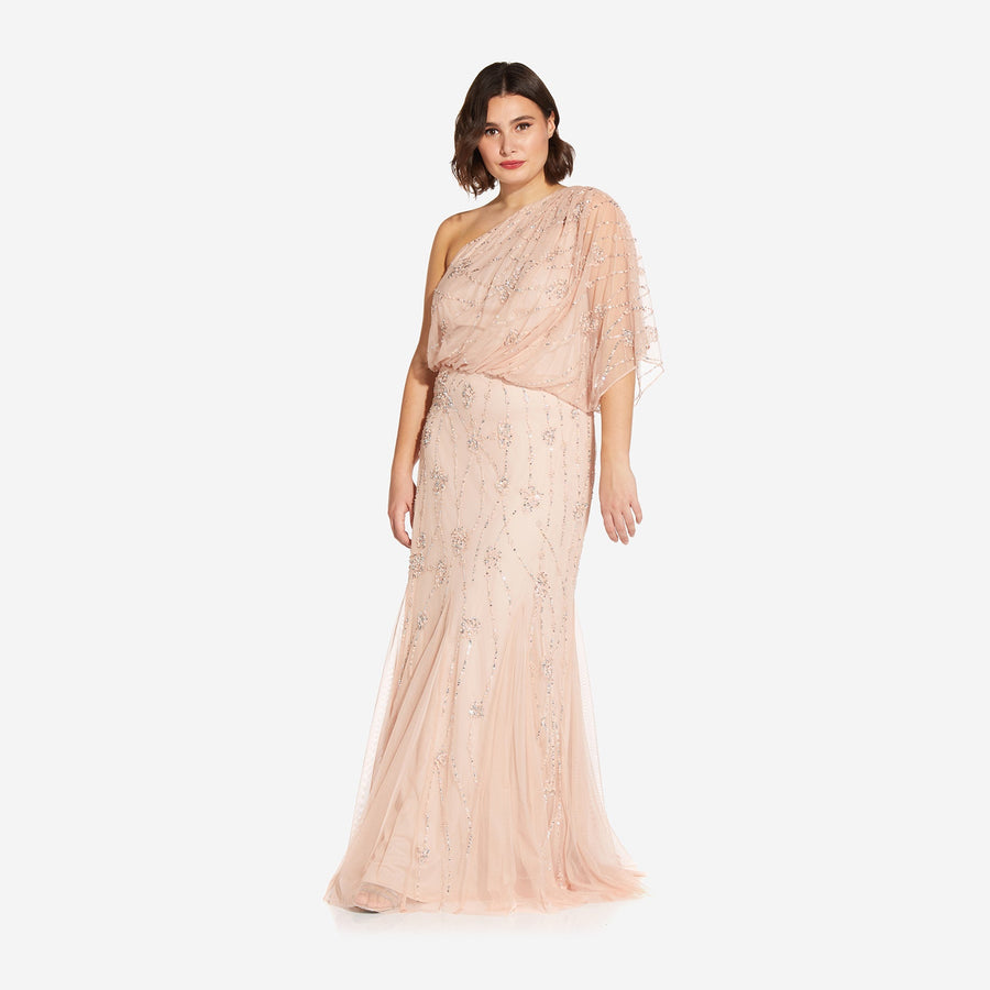 Adrianna Papell Women's One Shoulder Beaded Ruffled Gown Pink Size 4