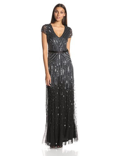 Adrianna Papell Beaded V-Neck Gown, Gunmetal Size (0) Adrianna Papell Beaded V-Neck Gown, Gunmetal Size (0)