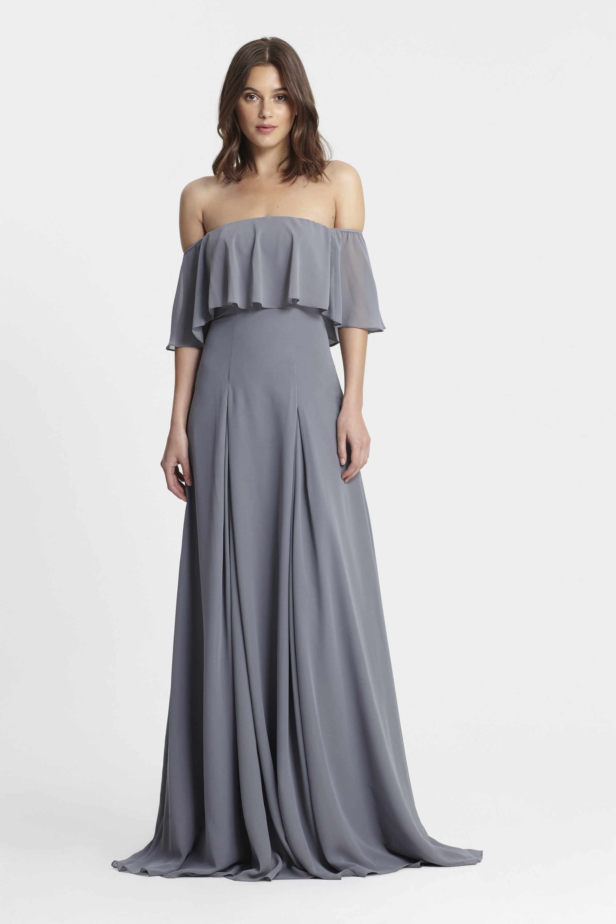 Monique Lhuillier Off the Shoulder Chiffon Gown - Steel Gray - Adinas Bridal Monique Lhuillier Off the Shoulder Chiffon Gown - Steel Gray - Adinas Bridal