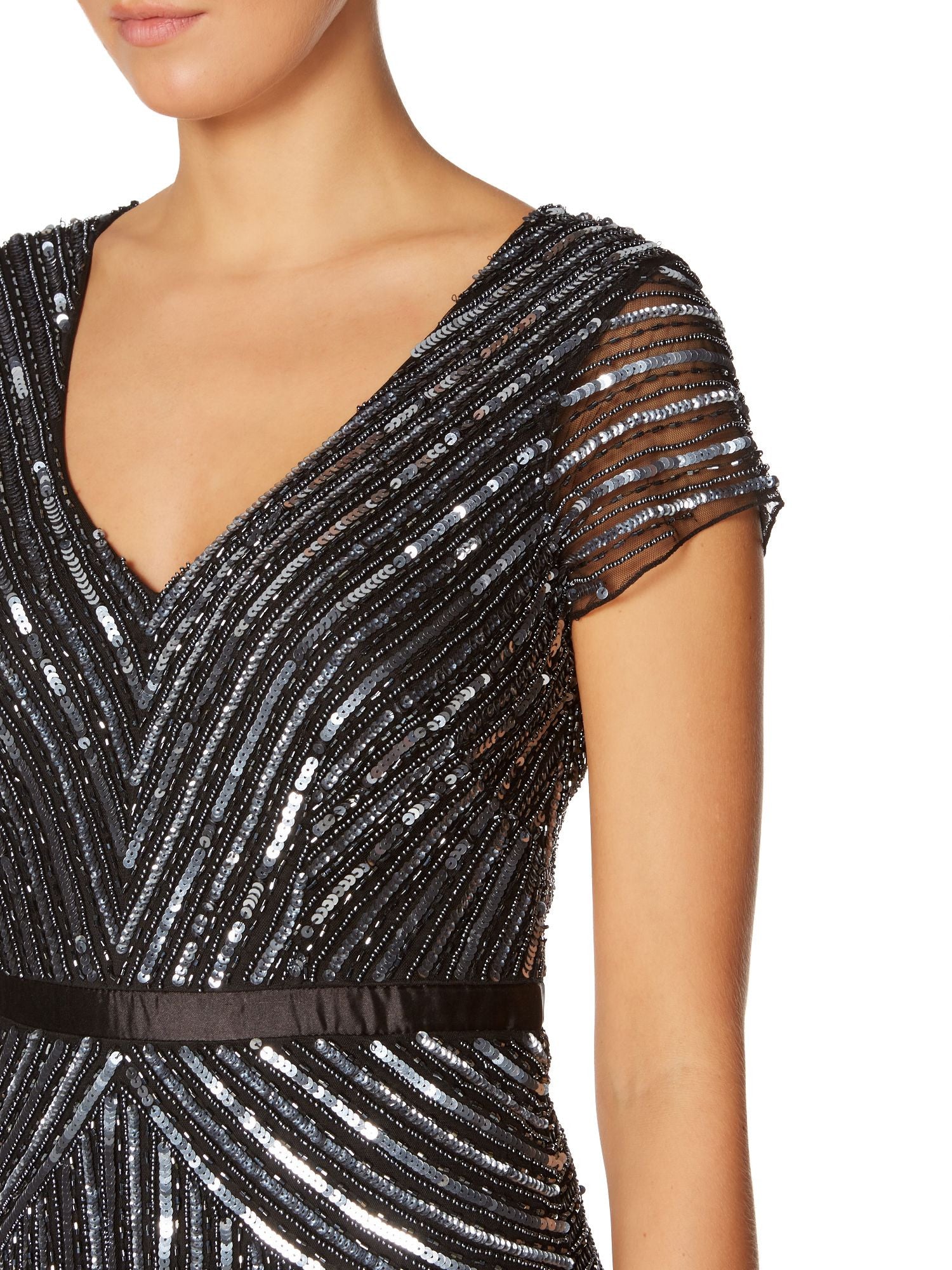 Adrianna Papell Beaded V-Neck Gown, Gunmetal Size (0) Adrianna Papell Beaded V-Neck Gown, Gunmetal Size (0)