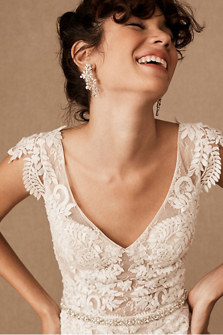 Ivory Lace Dress with Pearl Necklace and Earrings