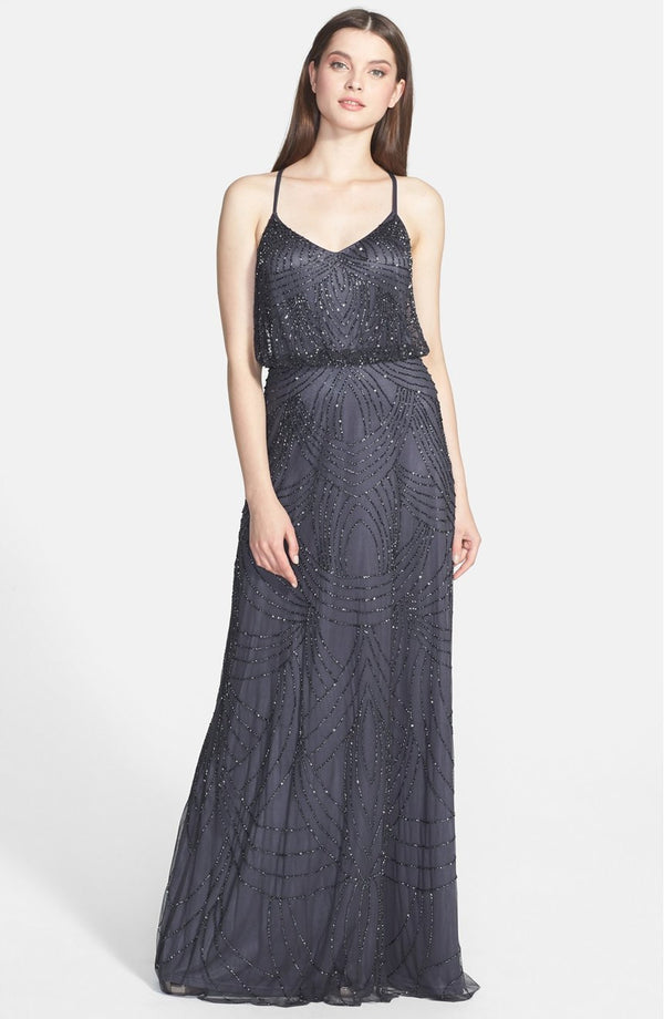 Adrianna Papell Beaded Chiffon Blouson Gown - Gunmetal