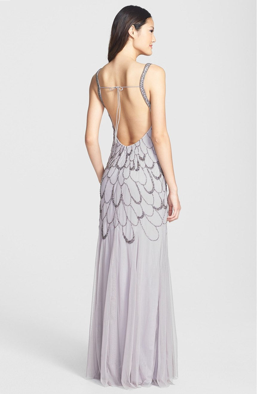Adrianna Papell Beaded Backless Mesh Art Deco Gown - Heather Grey