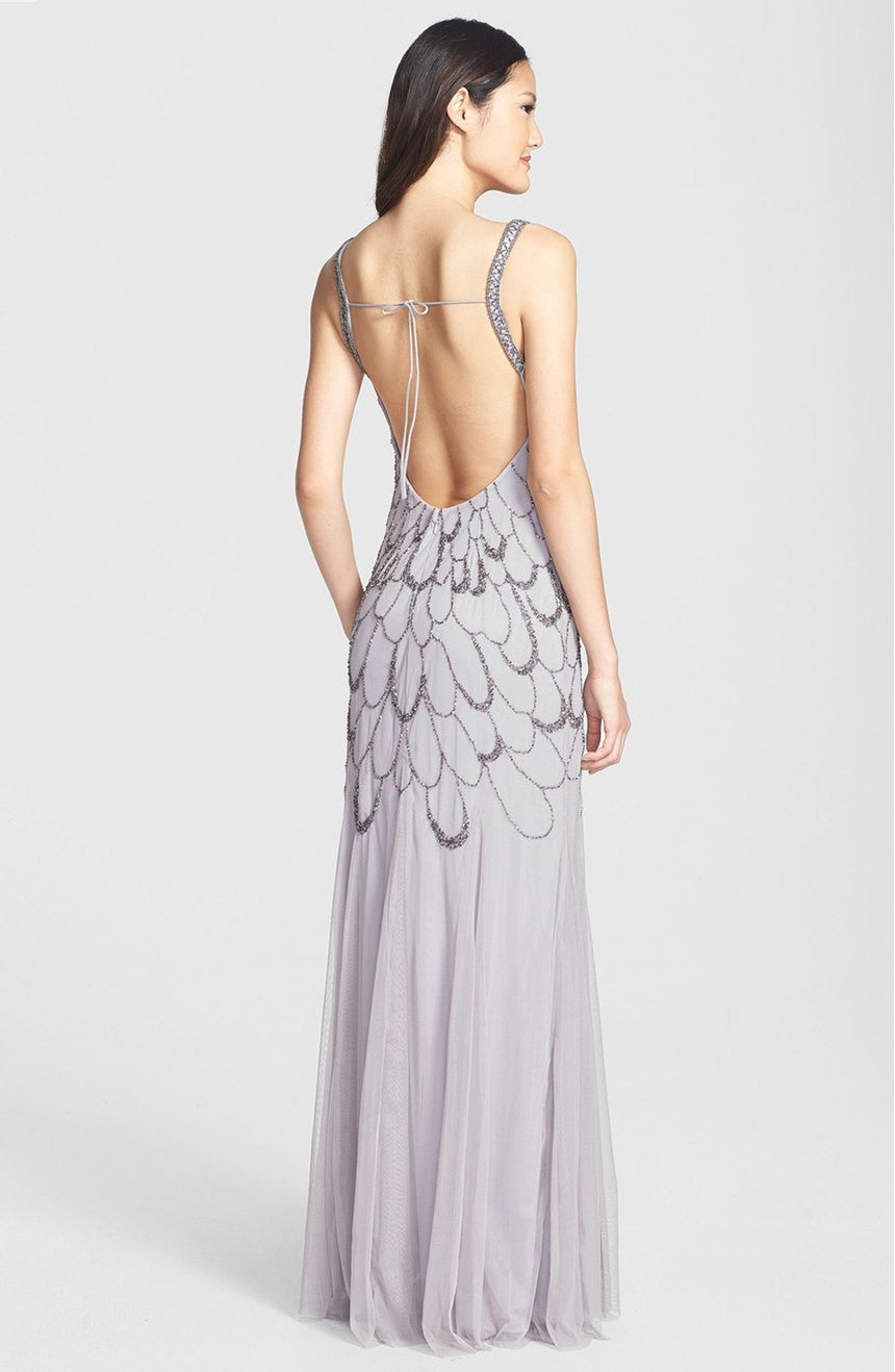 Adrianna Papell Beaded Backless Mesh Art Deco Gown - Heather Grey - Adinas Bridal Adrianna Papell Beaded Backless Mesh Art Deco Gown - Heather Grey - Adinas Bridal