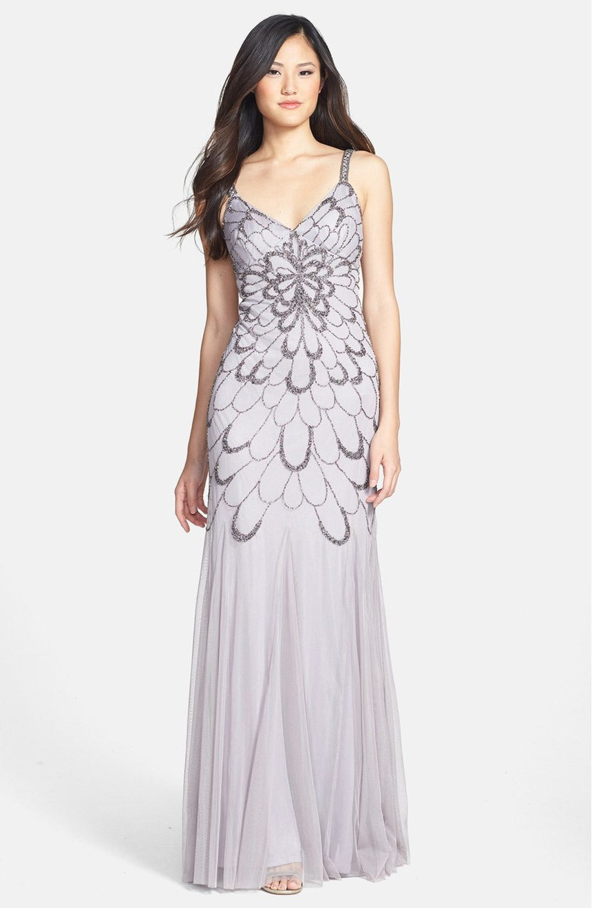 Adrianna Papell Beaded Backless Mesh Art Deco Gown Heather Grey