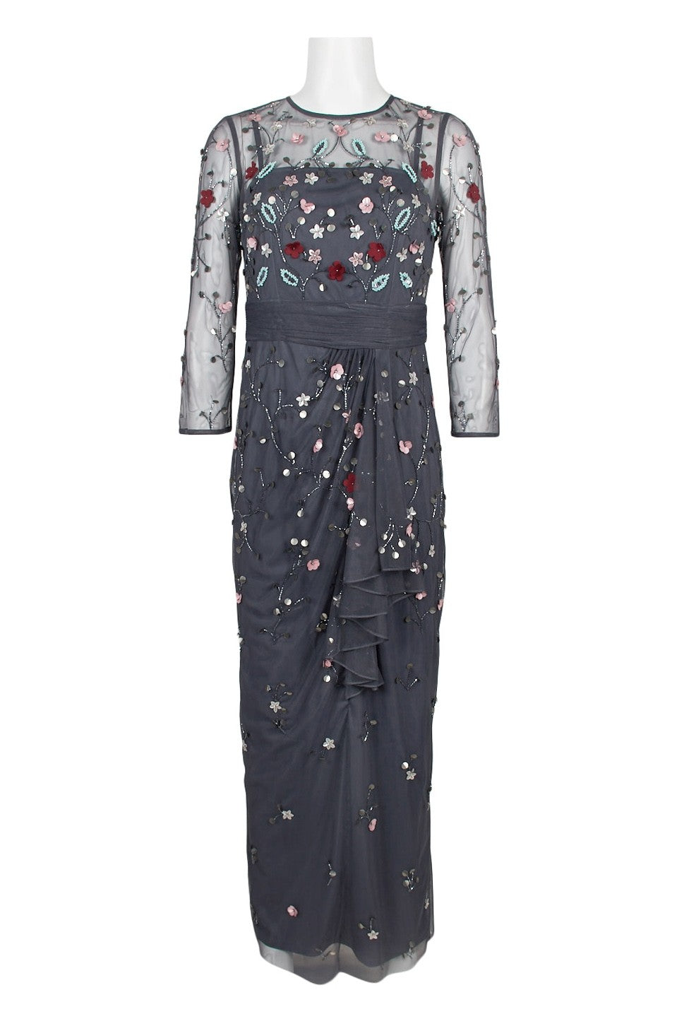 Js Collections Crew Neck Long Sleeve Embellished Ruched Waist Flutter Keyhole Back Mesh Gown Js Collections Crew Neck Long Sleeve Embellished Ruched Waist Flutter Keyhole Back Mesh Gown