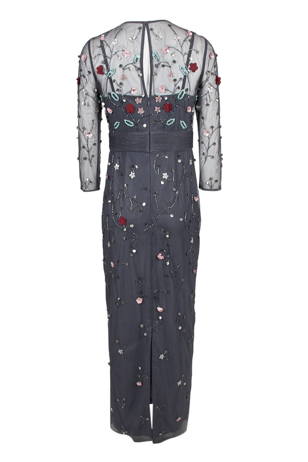 JS Collections Crew Neck Long Sleeve Embellished Ruched Waist Flutter Keyhole Back Mesh Gown JS Collections Crew Neck Long Sleeve Embellished Ruched Waist Flutter Keyhole Back Mesh Gown