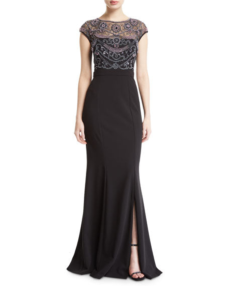 Aidan Mattox Cap-Sleeve Pearly Beaded-Bodice Gown - Black Aidan Mattox Cap-Sleeve Pearly Beaded-Bodice Gown - Black