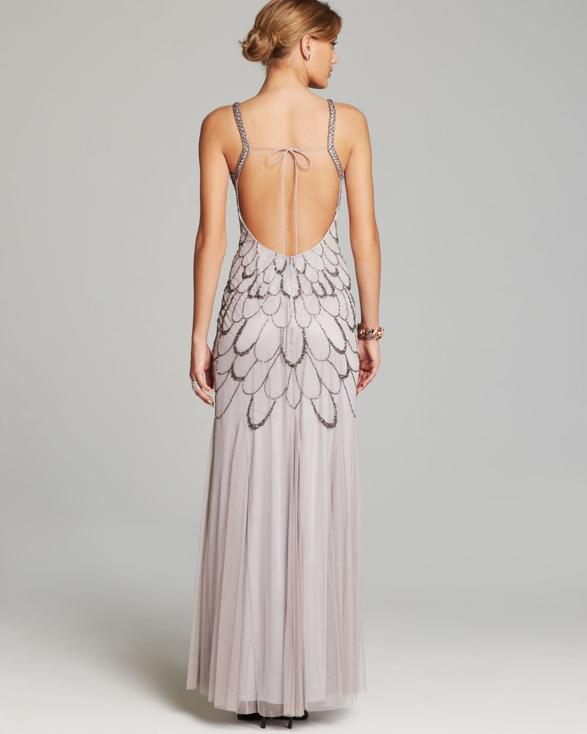 Adrianna Papell Beaded Backless Mesh Art Deco Gown - Heather Grey