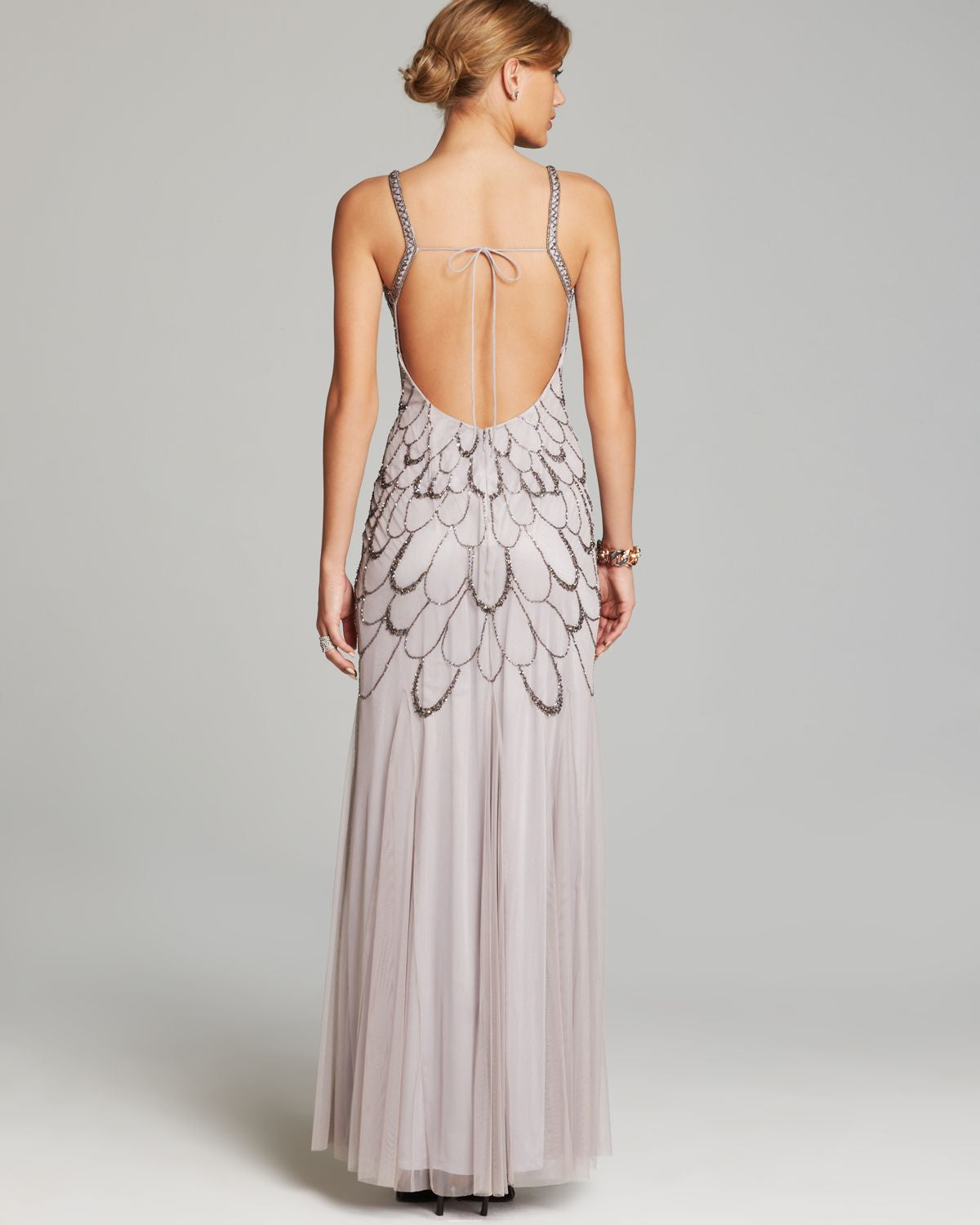 Adrianna Papell Beaded Backless Mesh Art Deco Gown Heather Grey