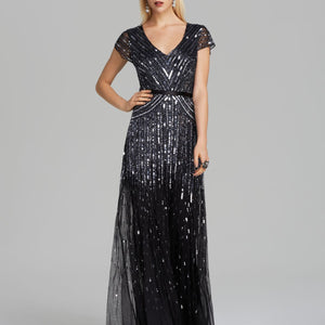 Adrianna Papell Beaded V neck Gown Gunmetal