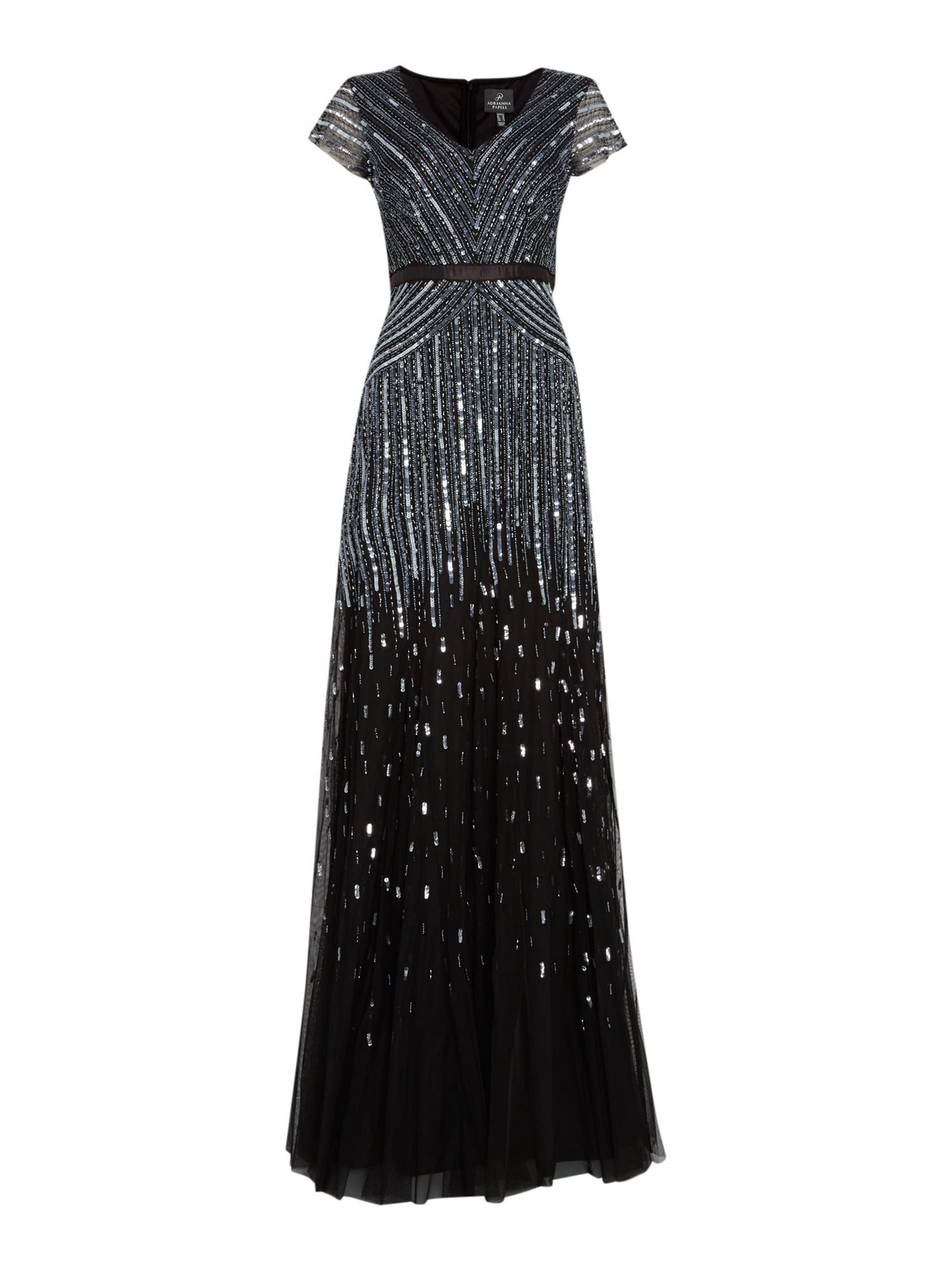 Adrianna Papell Beaded V-Neck Gown, Gunmetal Size (0)