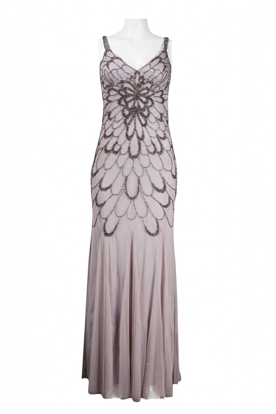 Adrianna Papell Beaded Backless Mesh Art Deco Gown - Heather Grey Adrianna Papell Beaded Backless Mesh Art Deco Gown - Heather Grey