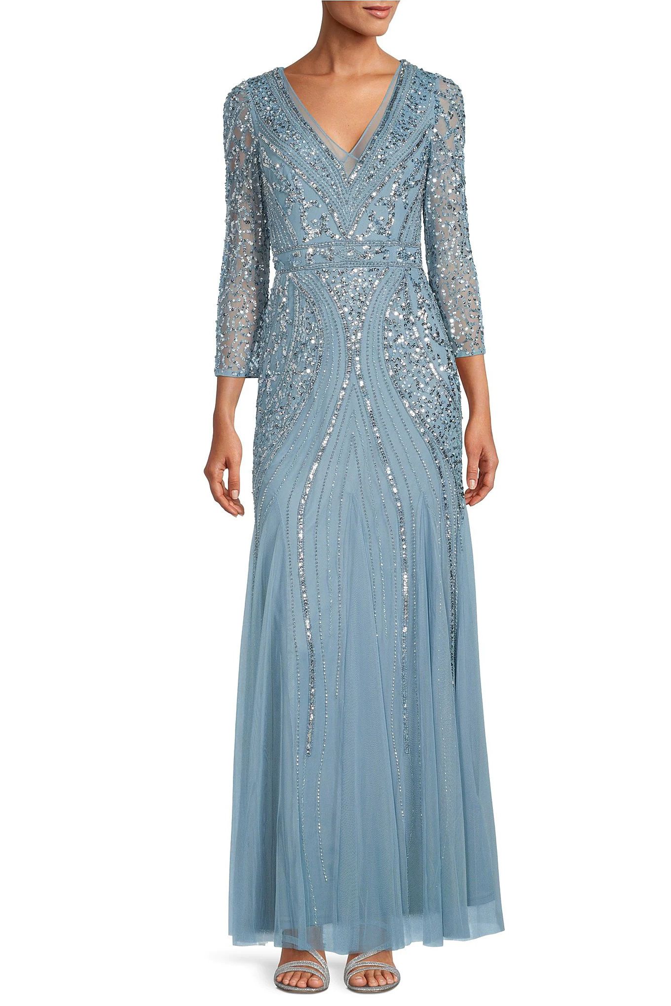 Adrianna Papell Beaded V-Neck 3/4 Sleeve A-Line Gown - Air sky Adrianna Papell Beaded V-Neck 3/4 Sleeve A-Line Gown - Air sky