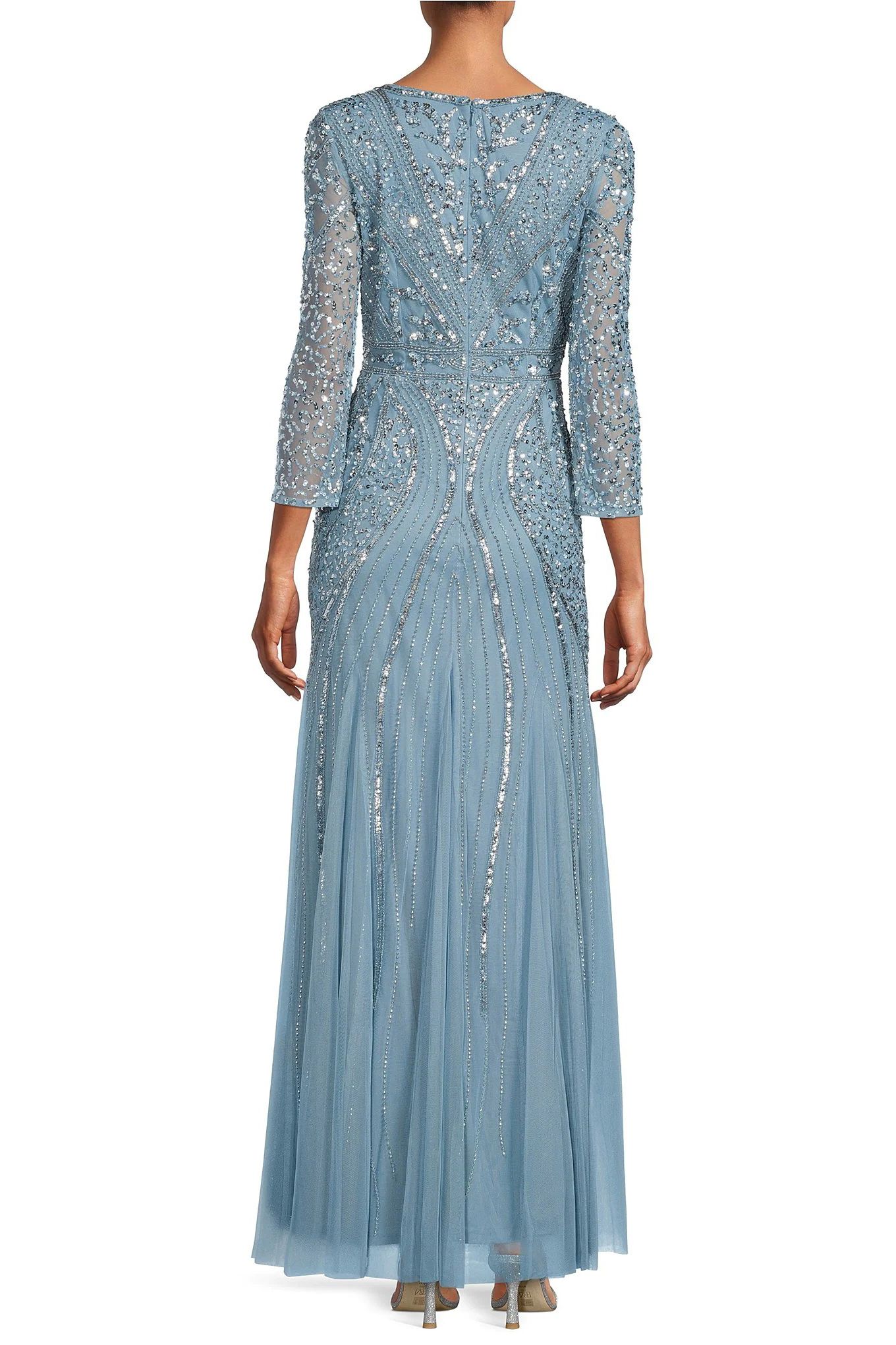 Adrianna Papell Beaded V-Neck 3/4 Sleeve A-Line Gown - Air sky - Adinas Bridal Adrianna Papell Beaded V-Neck 3/4 Sleeve A-Line Gown - Air sky - Adinas Bridal