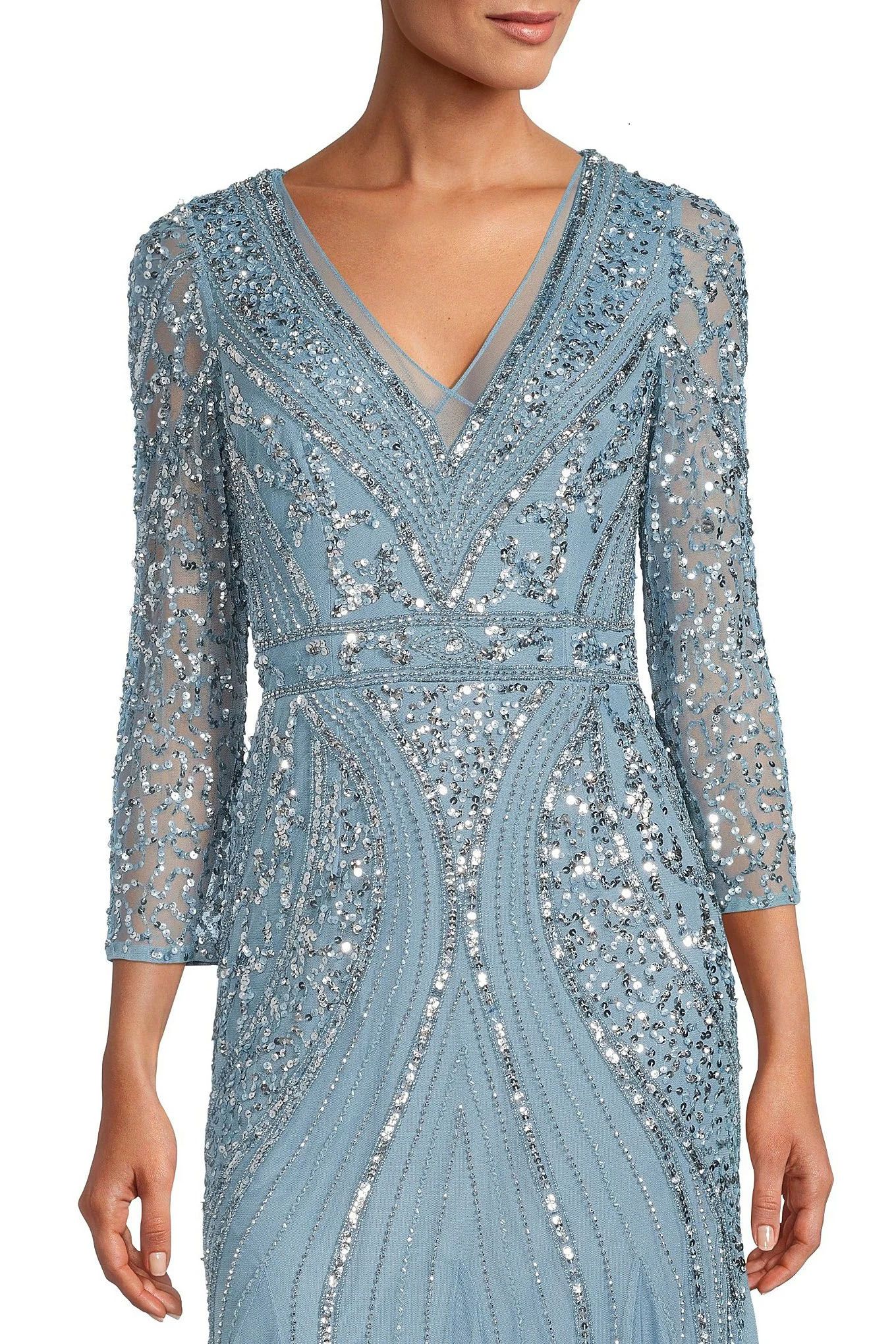 Adrianna Papell Beaded V-Neck 3/4 Sleeve A-Line Gown Air sky