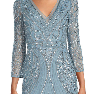 Adrianna Papell Beaded V-Neck 3/4 Sleeve A-Line Gown - Air sky - Adinas Bridal Adrianna Papell Beaded V-Neck 3/4 Sleeve A-Line Gown - Air sky - Adinas Bridal