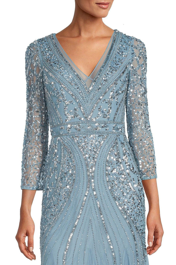 Adrianna Papell Beaded V-Neck 3/4 Sleeve A-Line Gown - Air sky - Adinas Bridal Adrianna Papell Beaded V-Neck 3/4 Sleeve A-Line Gown - Air sky - Adinas Bridal