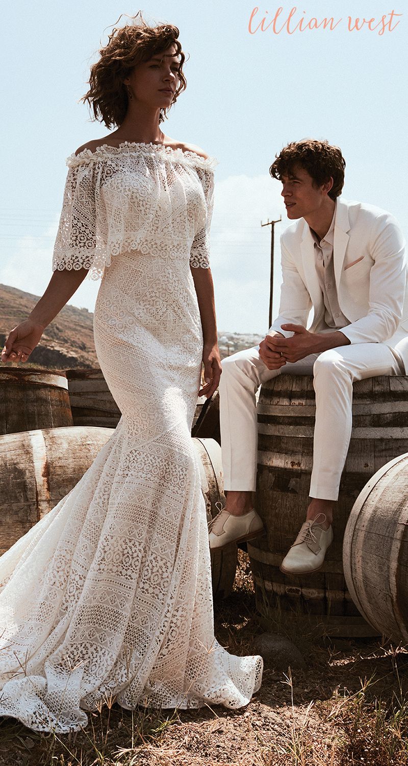 lillian west off the shoulder wedding dress 66184: Floral English Net Dress with Off the Shoulder Straps and Slit