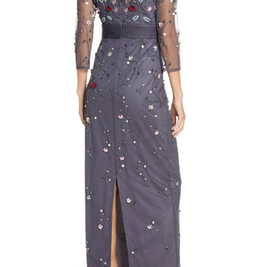 js collection beaded dress Js Collections Crew Neck Long Sleeve Embellished Ruched Waist Flutter Keyhole Back Mesh Gown